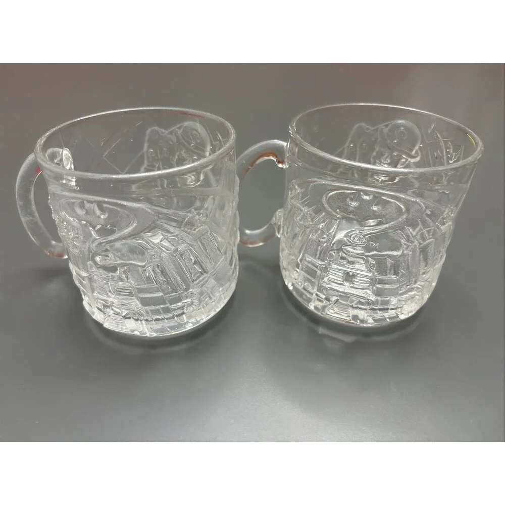 LOT 2 McDonald's BATMAN FOREVER 3D Embossed Collector Glass Mug 1995 Vintage